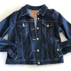 Dark blue Levi’s jean jacket barely worn. Like new!